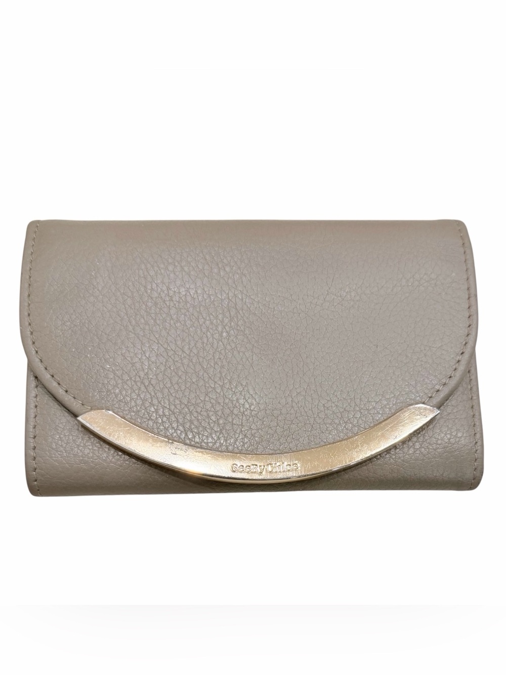 See by Chloé Lizzie Taupe Grey Pebbled Leather Long Wallet Gold Metal Trim